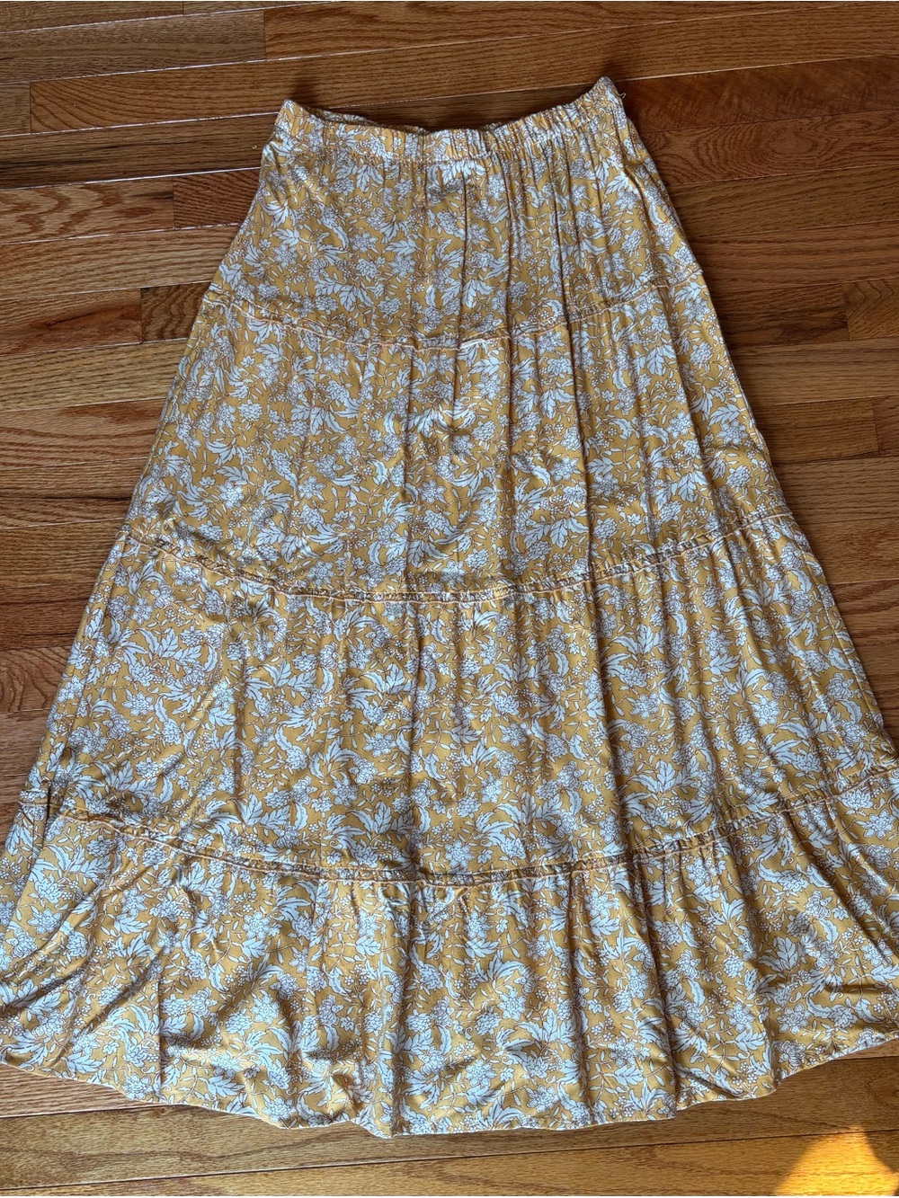 Japna Yellow Floral Tiered Maxi Skirt with White Print